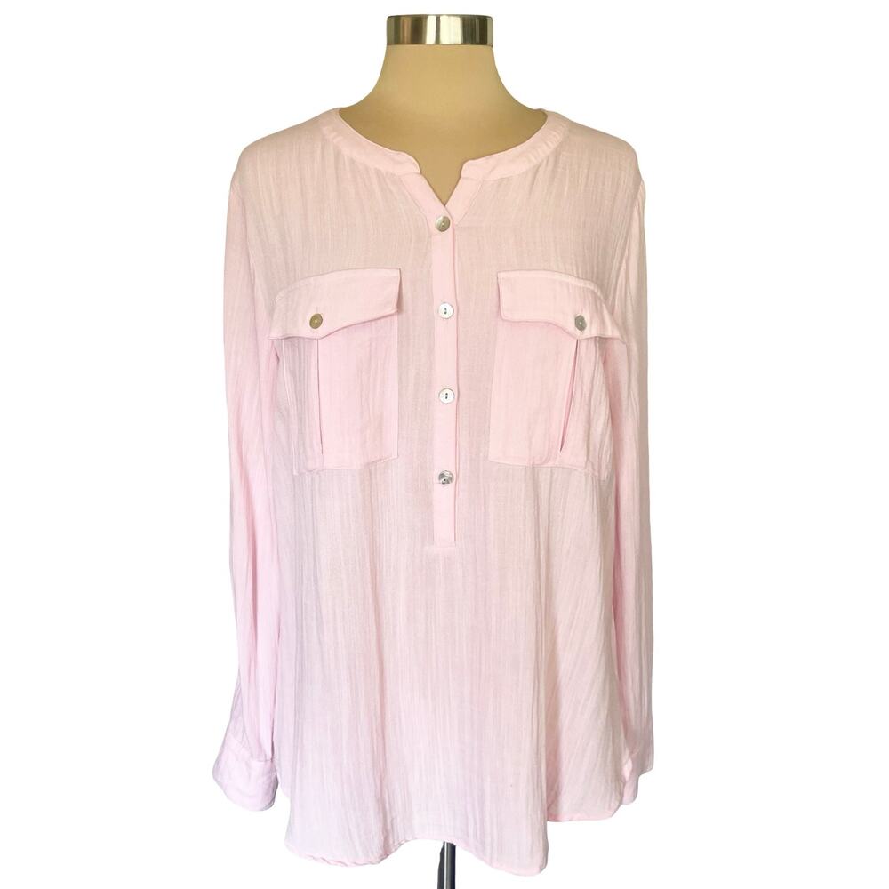 Kori American Pink Gauzy Popover Tunic Size L High Low Soft Easy Wear Casual